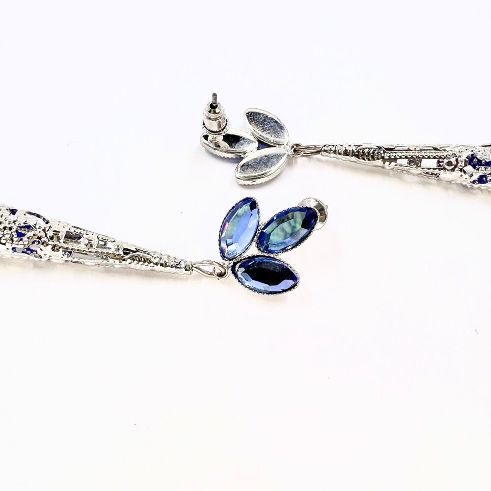 NWT – Charming Charlie – Blue Jeweled Drop Glass Dangle Silver Tone 3.5” Earring - Picture 6 of 9